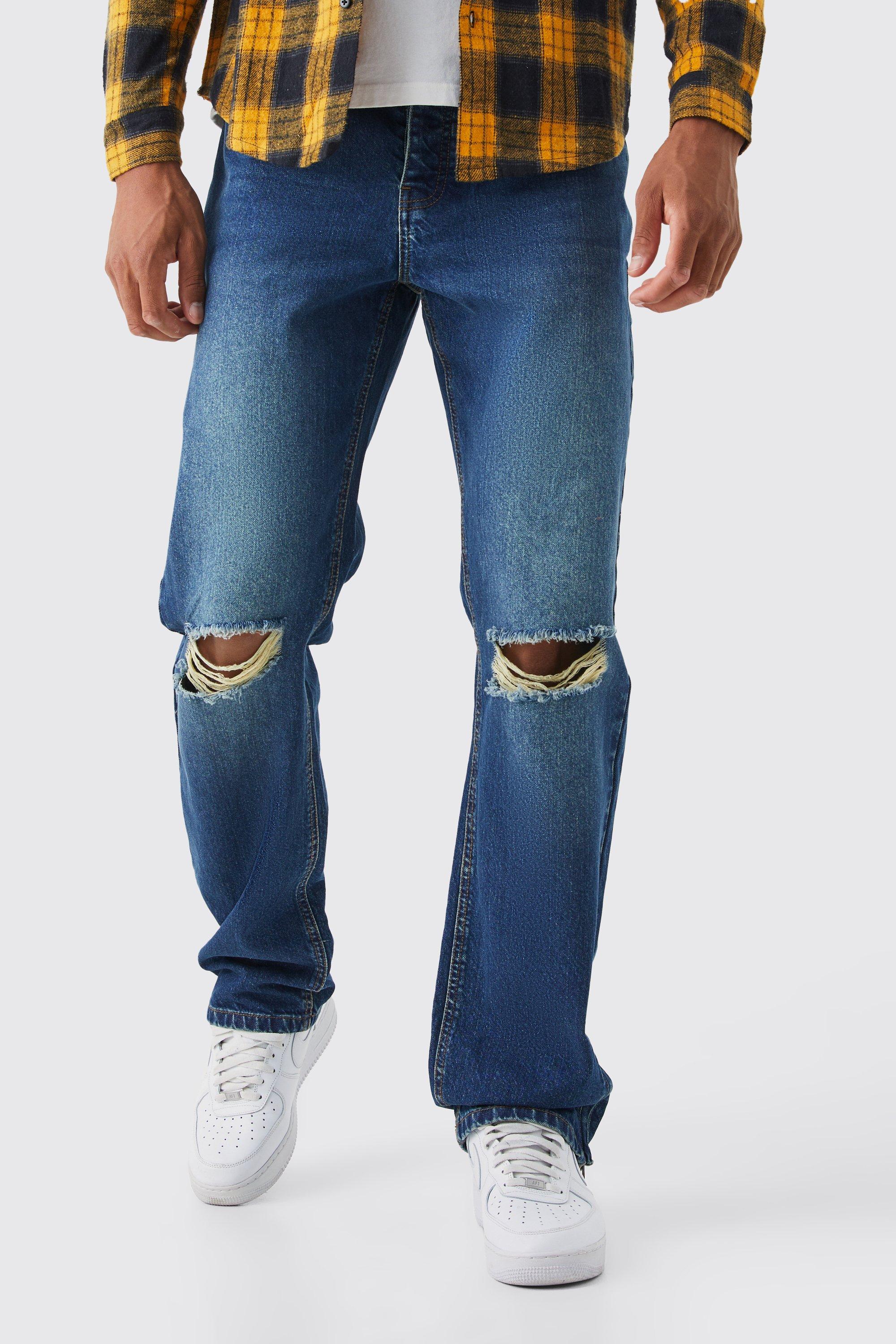 Side striped color block mens casual ripped on sale jeans